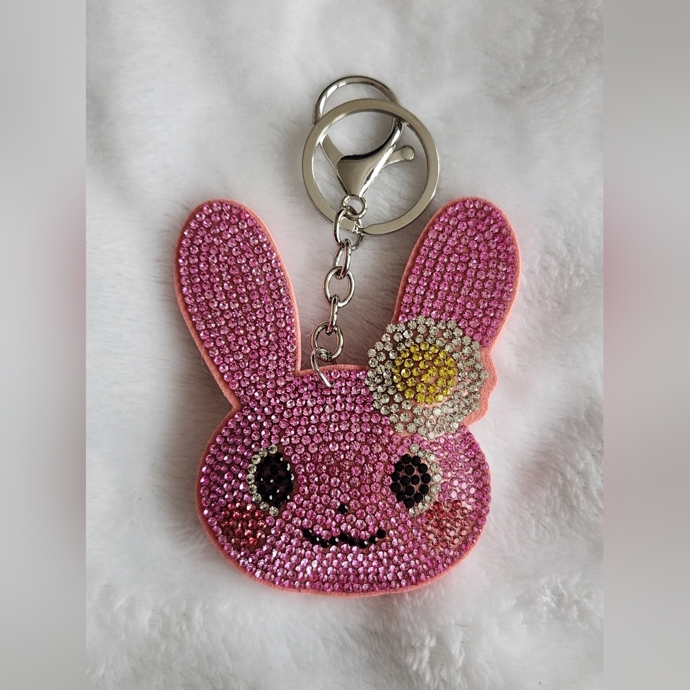 Sparkling Pink Bunny With Flower Keychain Spring Bag Charm